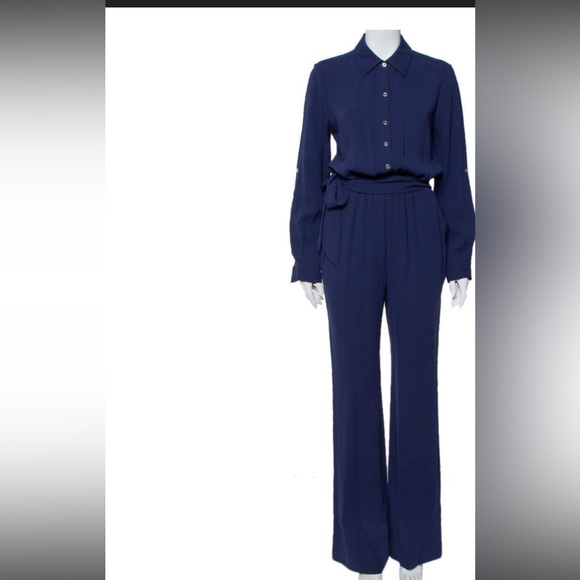 Diane Von Furstenberg Navy Blue Crepe Belted Lori Jumpsuit - Picture 2 of 6